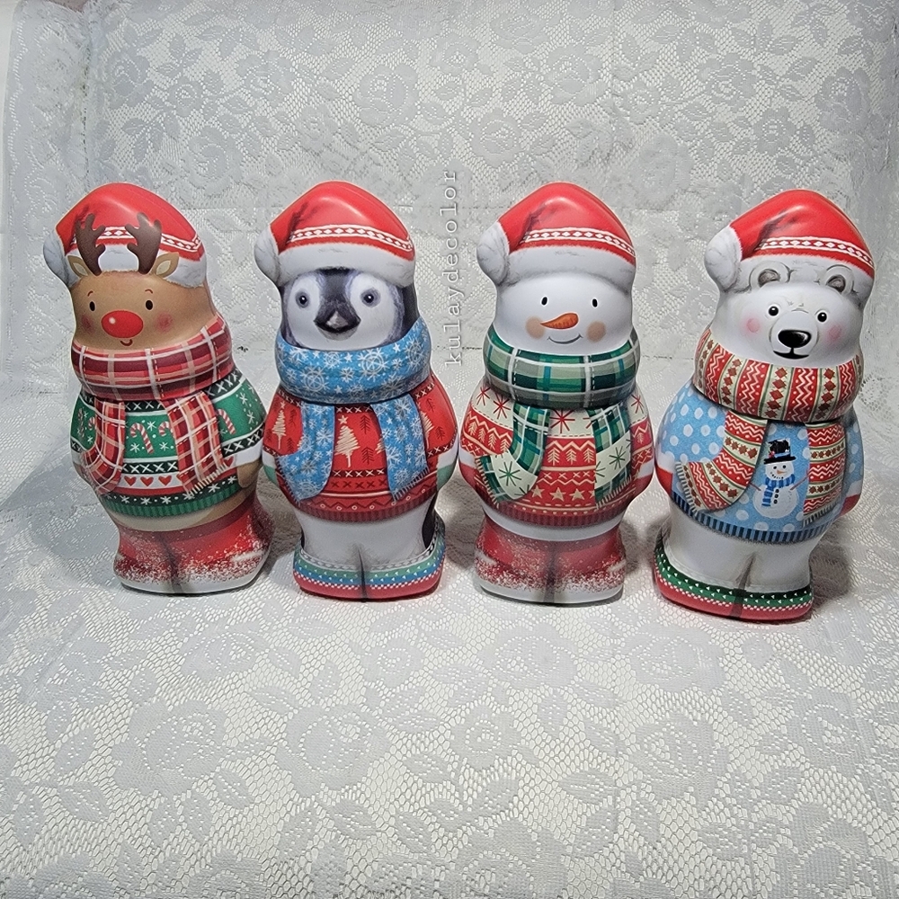 Set of 4 Holiday Cookie Tins Christmas Storage Containers Snowman Penguin Bear